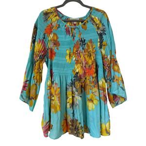 Spence Woman 1X 3/4 Bell Sleeve Scoop Key Hole Neck Blue With Autumn Flowers